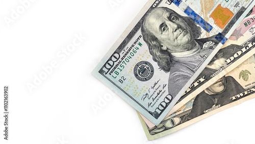 Wallpaper Mural Stack of US dollar bills in 20, 50, and 100 denominations, arranged diagonally on a clean white background. Ideal for advertising financial services, investment opportunities, or wealth management con Torontodigital.ca