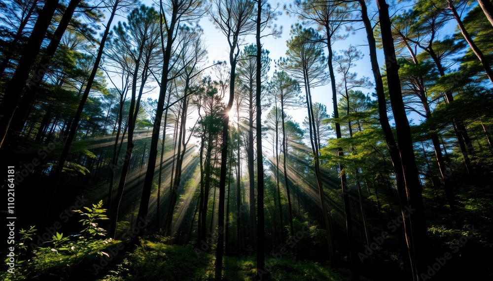 Naklejka premium Sun rays pierce through tall pine trees in a lush forest.
