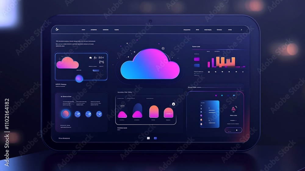 Cloud computing dashboard on tablet displaying data analytics, charts, and graphs. Cloud computing dashboard on tablet displaying data analytics, charts, and graphs.