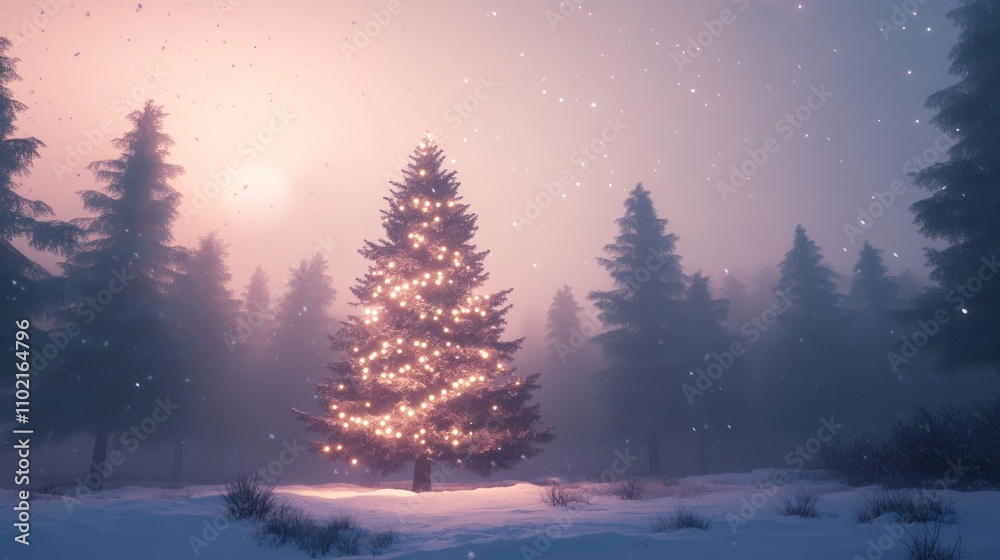 serene winter scene featuring a decorated Christmas tree amidst snowy pine trees. serene winter scene featuring a decorated Christmas tree amidst snowy pine trees.