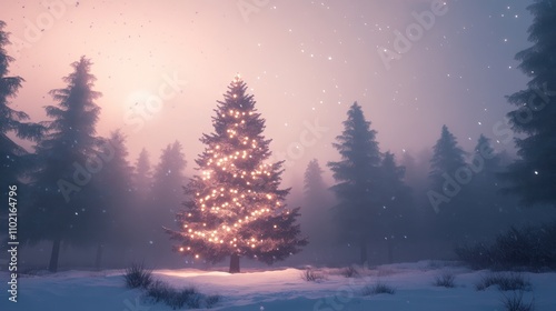 serene winter scene featuring a decorated Christmas tree amidst snowy pine trees.