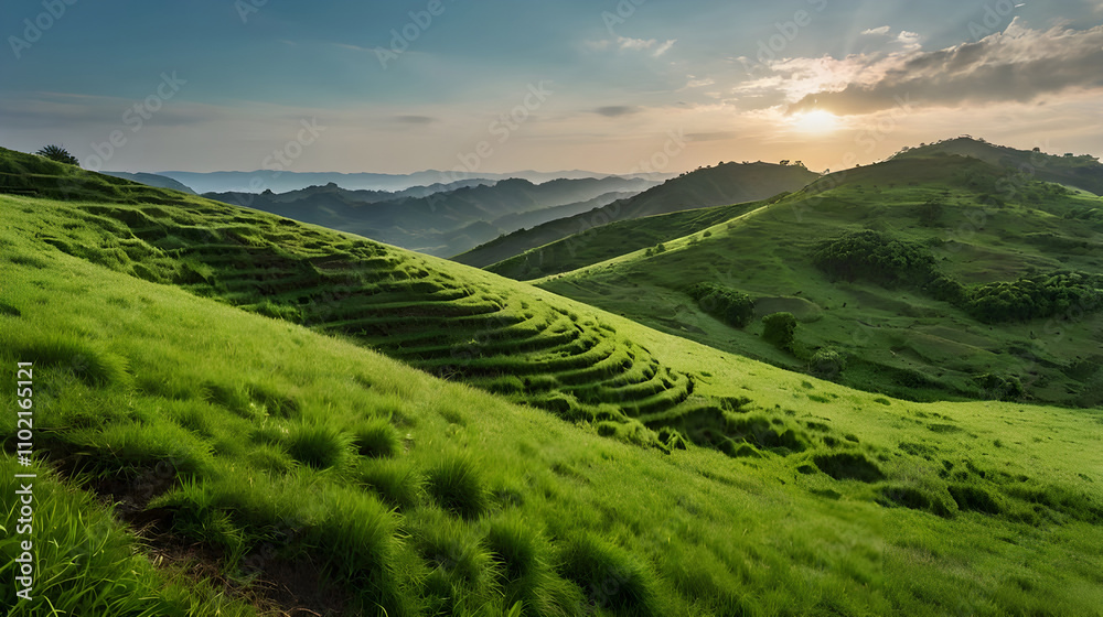 Obraz premium A peaceful hillock covered in lush green grass, with a person standing at the top, gazing into the distance where the sky meets the horizon.
