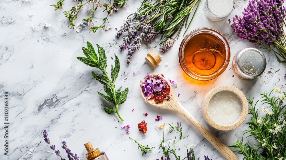 Herbs, flowers, and natural ingredients on a marble background Herbs, flowers, and natural ingredients on a marble background