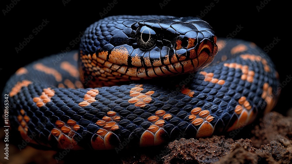 Vibrant coiled snake with intricate orange and black scale patterns Vibrant coiled snake with intricate orange and black scale patterns