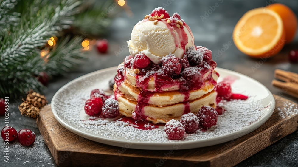 Delicious pancakes with berry sauce and ice cream on festive background.