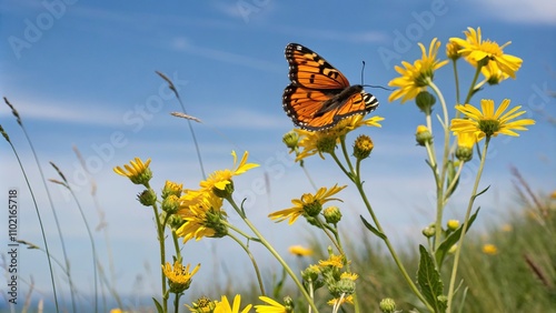 Colorful orange butterfly on bright yellow arnica montana against a blue sky, color combination, botanical illustration, sky and ground, flora, blue sky
