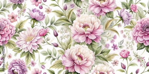 Fototapeta Naklejka Na Ścianę i Meble -  Watercolor Floral Seamless Pattern Delicate Peonies and Dahlias with Lush Greenery on White Background