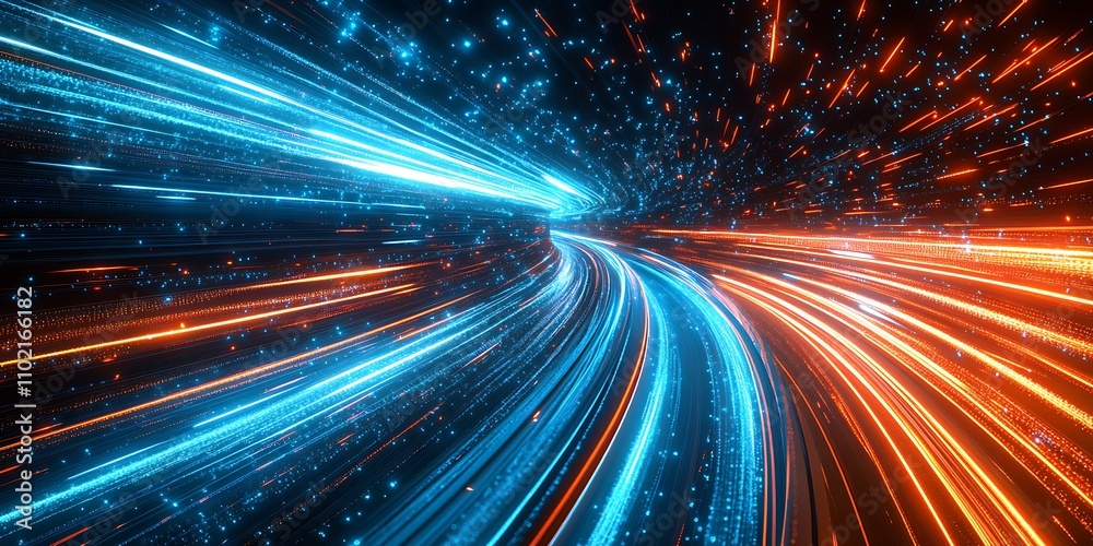 Dynamic Flow of Blue and Orange Light Trails in a Futuristic Digital Tunnel : Generative AI Dynamic Flow of Blue and Orange Light Trails in a Futuristic Digital Tunnel : Generative AI