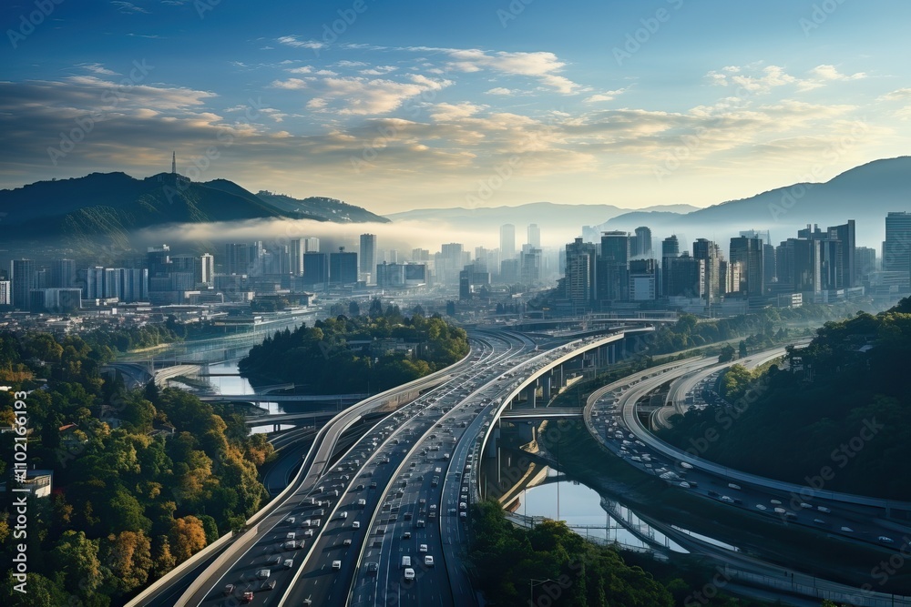 Fototapeta premium Aerial view of highway and overpass in very big city with river on cloudy day.