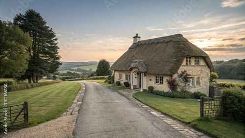 Cottage with a thatched roof and a long lane leading up to the door, old house, tree branches
