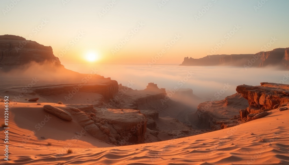 Naklejka premium Sunrise over desert canyon with morning mist.