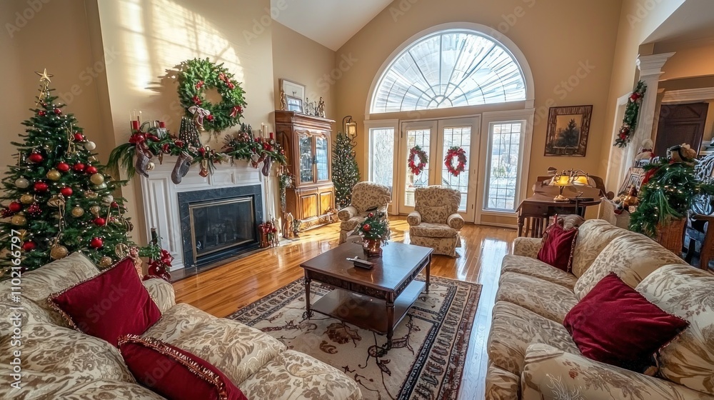 Fototapeta premium Living room filled with Christmas decorations, creating a warm and inviting atmosphere.