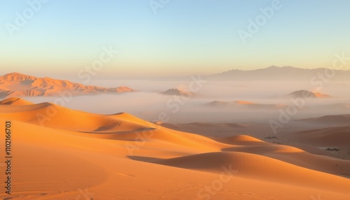 Sunrise over desert dunes with morning mist.