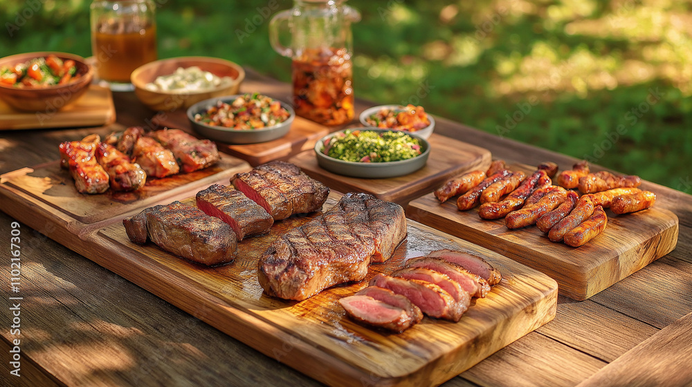 Assorted grilled meats including steak, chicken wings, and sausages served with salads on wooden platters Assorted grilled meats including steak, chicken wings, and sausages served with salads on wooden platters