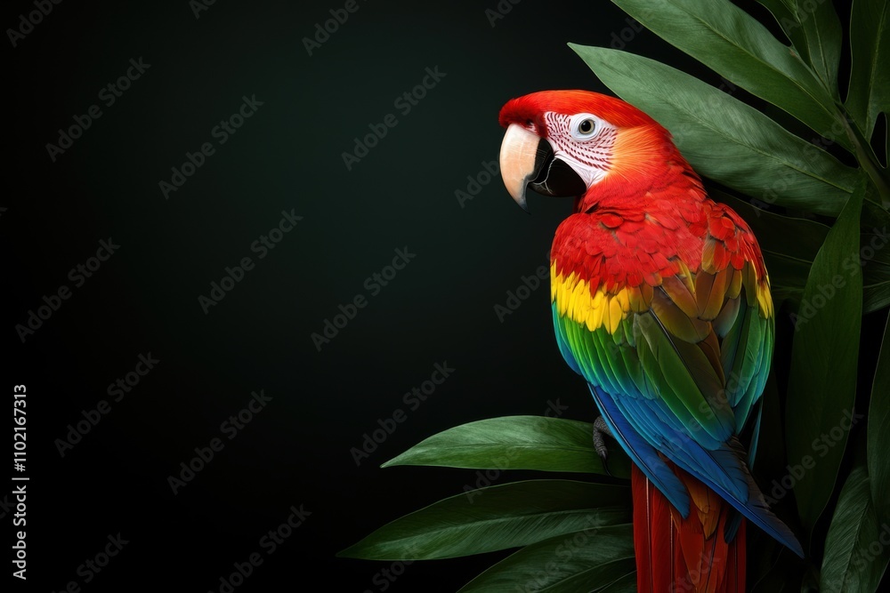 Fototapeta premium tropical bird scene, a colorful parrot sits among lush rainforest foliage, set against a captivating jungle backdrop, ready for your caption