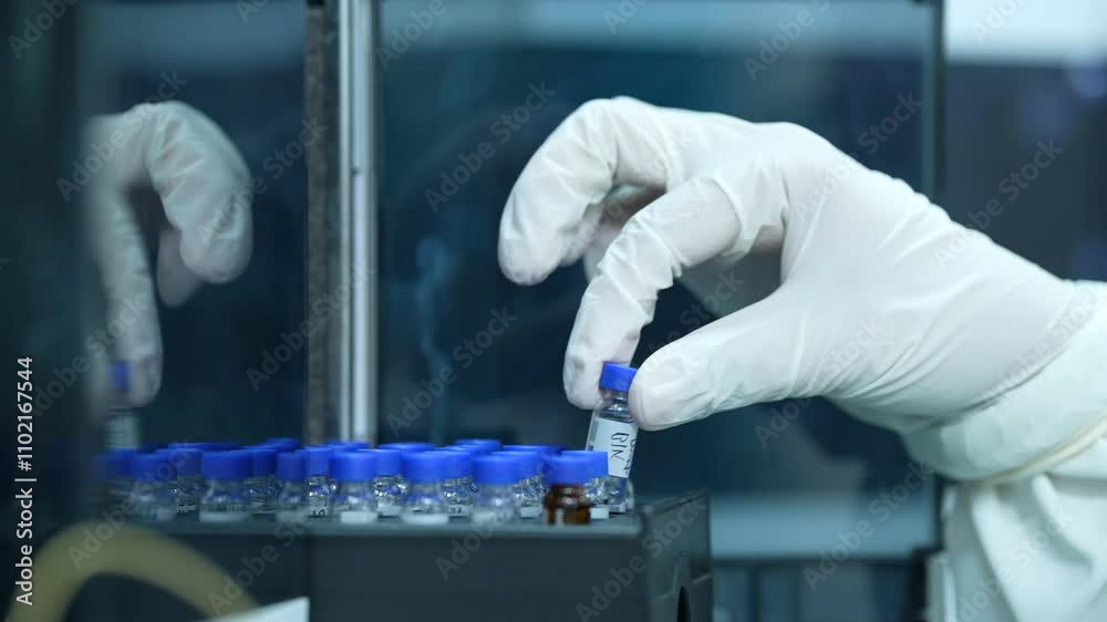 Hplc lab machine science experiment Vials filling inside an autosampler of an HPLC machine inside view in a Scientific experimental laboratory for research development analysis and ipqa test study	