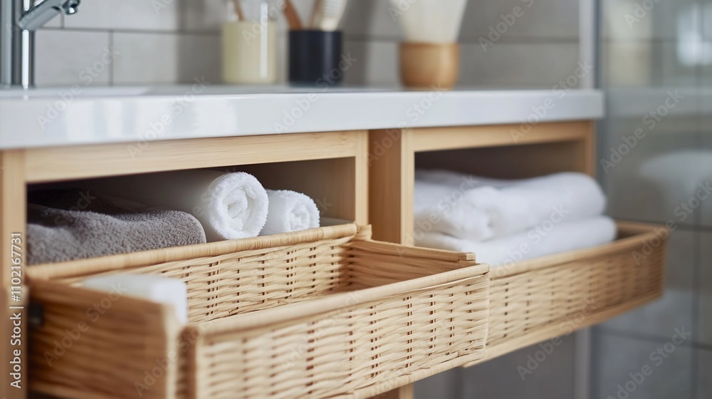 Open bathroom vanity drawers with rolled towels and wicker baskets. Open bathroom vanity drawers with rolled towels and wicker baskets.