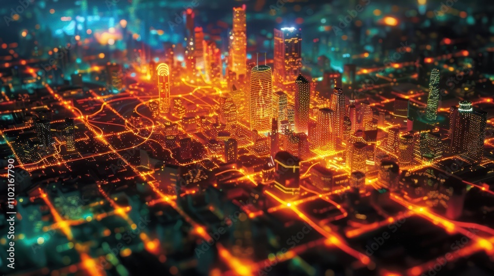 Aerial view of a captivating and futuristic cityscape at night with a panorama of towering skyscrapers intricate road networks and a sea of vibrant luminous lights creating a breathtaking