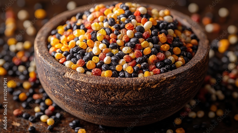 Colorful varieties of dried lentils in rustic wooden bowl on dark background Colorful varieties of dried lentils in rustic wooden bowl on dark background