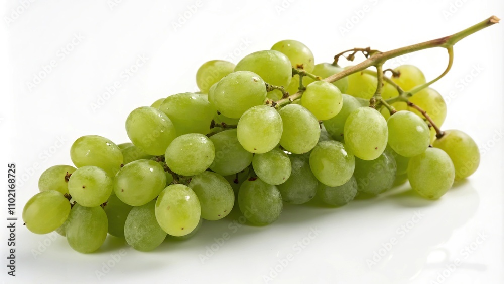 Fresh bunch of green grapes on a white background with subtle shadows and highlights, natural light, table setting, food Fresh bunch of green grapes on a white background with subtle shadows and highlights, natural light, table setting, food