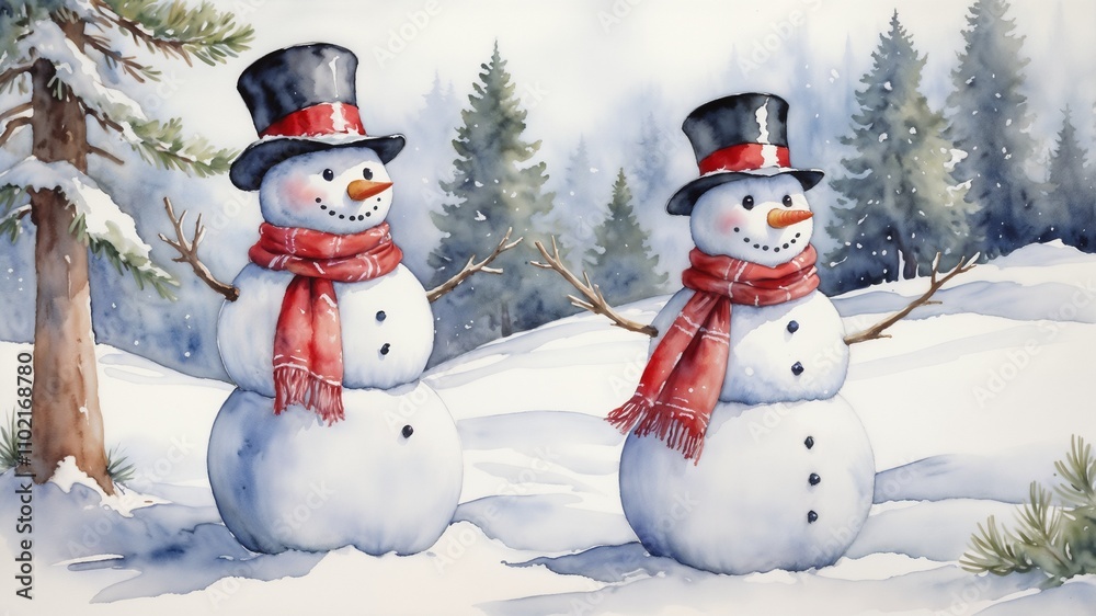 Two cheerful snowmen celebrating winter with trees in a snowy landscape Two cheerful snowmen celebrating winter with trees in a snowy landscape