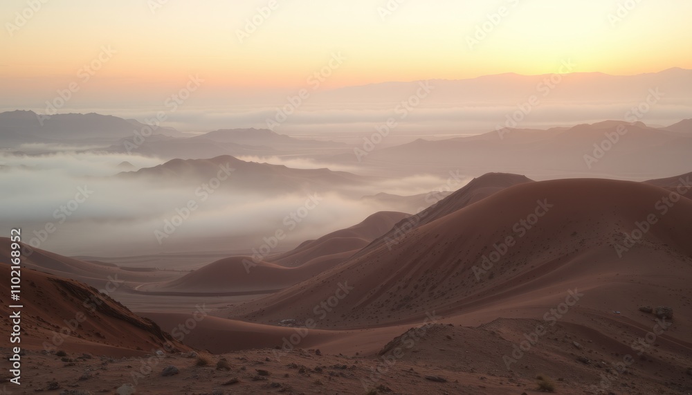 Fototapeta premium Sunrise over misty desert landscape with rolling sand dunes and distant mountains.