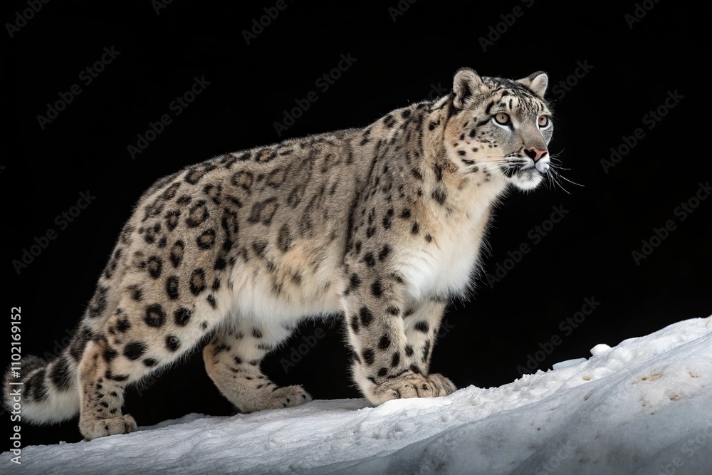 Full-body shot of snow leopard on black background, solitary animal, mountain terrain, fur texture, black background Full-body shot of snow leopard on black background, solitary animal, mountain terrain, fur texture, black background