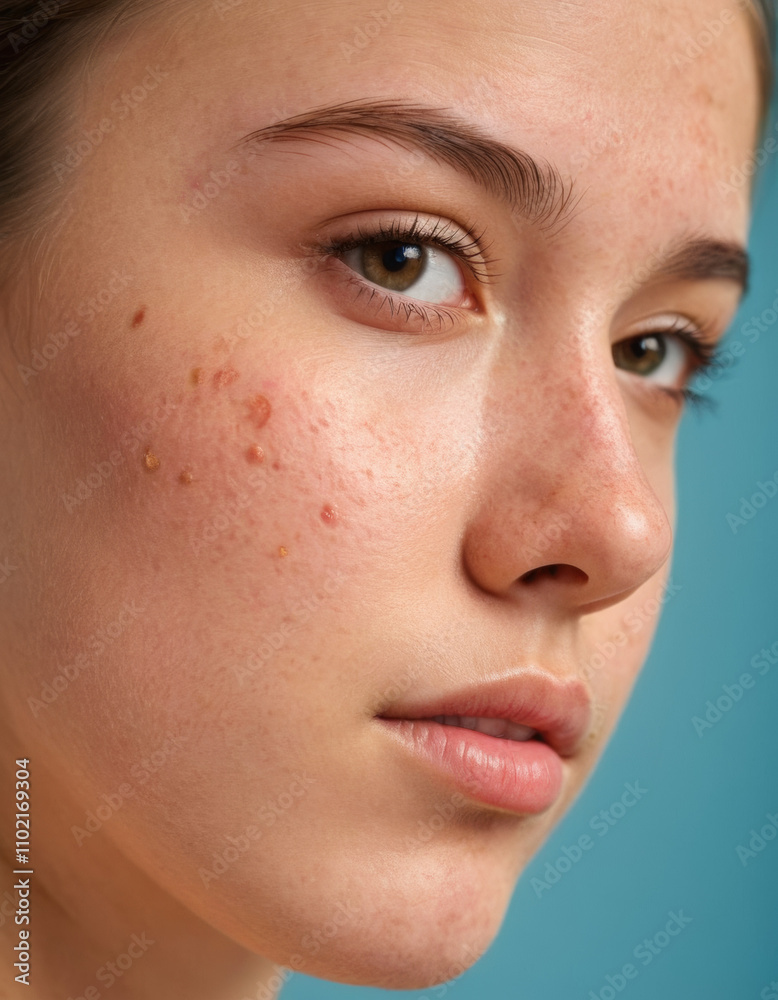 Close-up portrait of a teenage girl with half of her face showing clear, smooth skin and the other half with noticeable acne, representing skin care issues and the importance of skincare treatments Close-up portrait of a teenage girl with half of her face showing clear, smooth skin and the other half with noticeable acne, representing skin care issues and the importance of skincare treatments