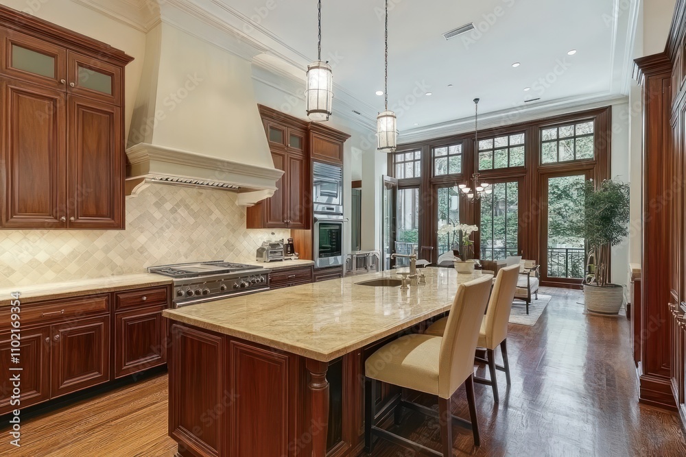 Modern kitchen with large island, hardwood floors, and a view of a patio through French doors. Modern kitchen with large island, hardwood floors, and a view of a patio through French doors.