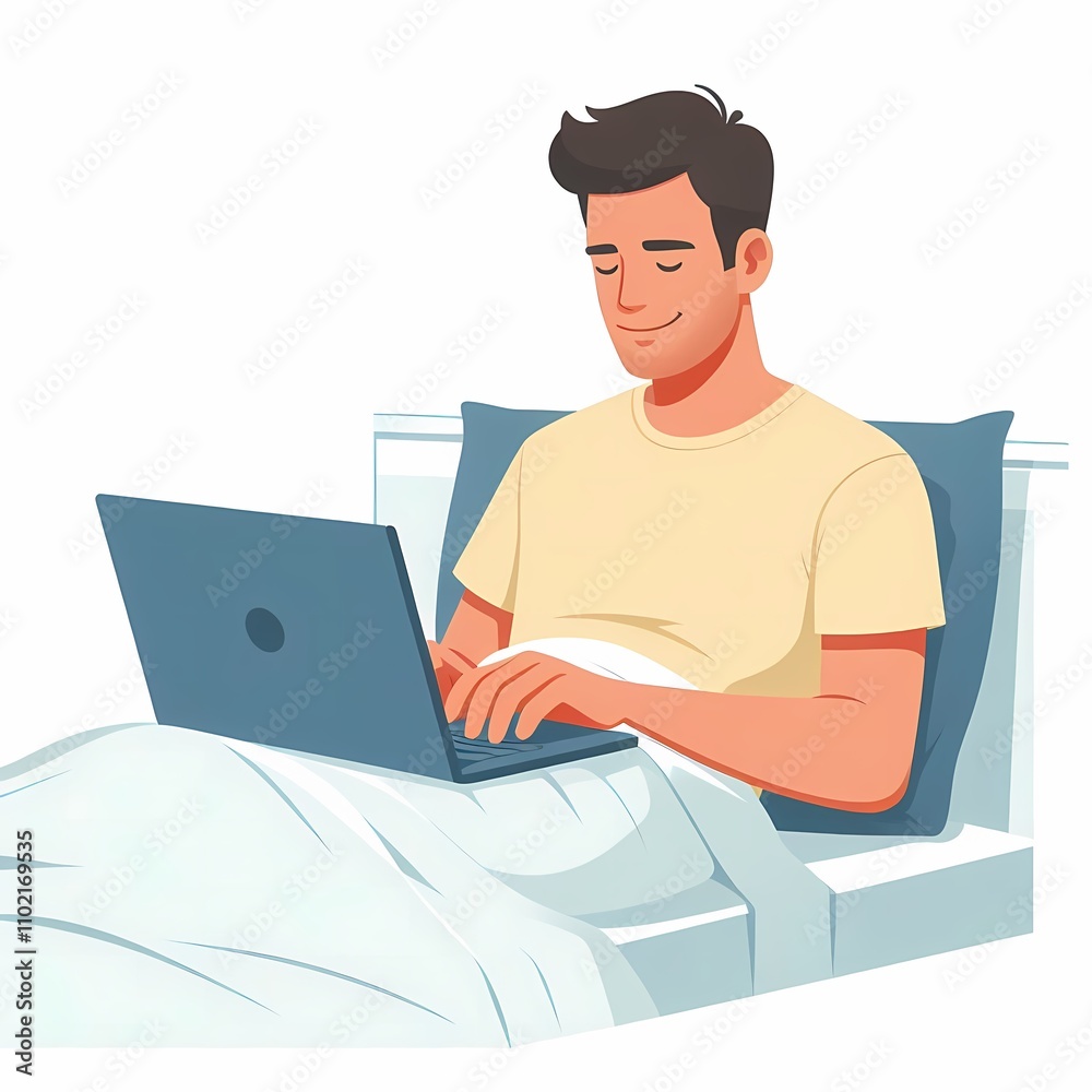 Minimalistic flat style illustration of a man using a laptop in bed, set against a clean white background. Perfect for remote work, relaxation, and lifestyle-themed designs. Minimalistic flat style illustration of a man using a laptop in bed, set against a clean white background. Perfect for remote work, relaxation, and lifestyle-themed designs.