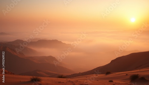 Wallpaper Mural Sunrise over misty mountain range, desert landscape. Torontodigital.ca