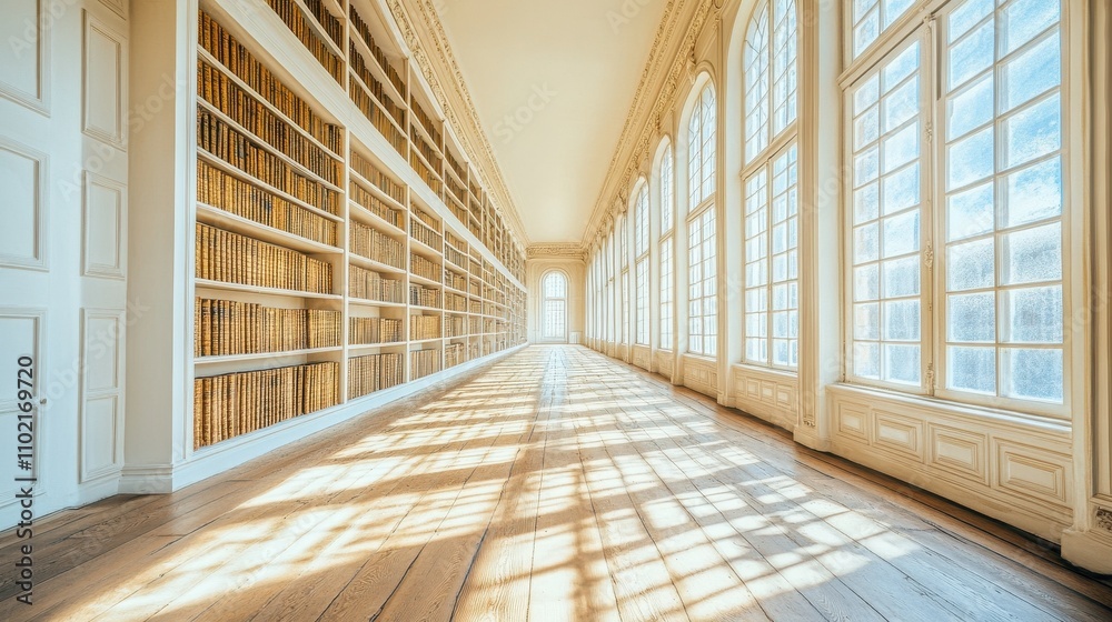 Majestic Library Hall with Tall Bookshelves and Sunlit Windows
