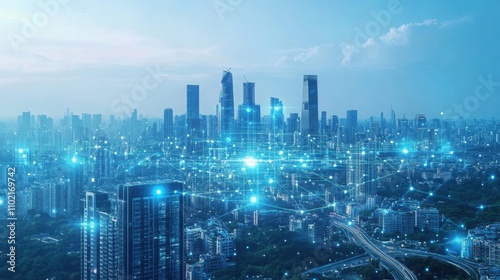 Futuristic cityscape with digital connections and skyline view