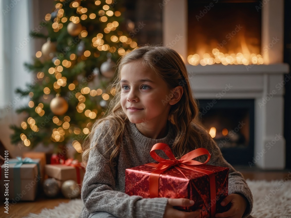 A joyful girl holding a gift beside a beautifully decorated Christmas tree, surrounded by festive lights and ornaments, radiating holiday cheer A joyful girl holding a gift beside a beautifully decorated Christmas tree, surrounded by festive lights and ornaments, radiating holiday cheer