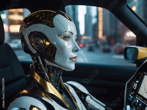 A humanoid robot woman driving a futuristic taxi, embodying advanced technology and autonomous transport in the future