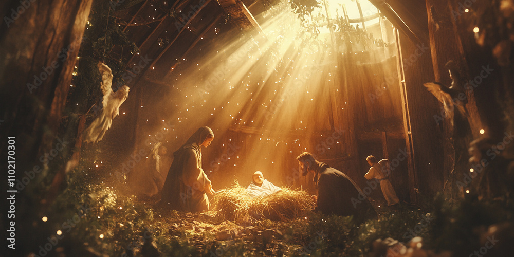 Fototapeta premium serene Nativity scene with the Holy Family, baby Jesus in the manger, and angels singing. Radiant light from the Star of Bethlehem creates a peaceful, spiritual atmosphere, evoking love and hope