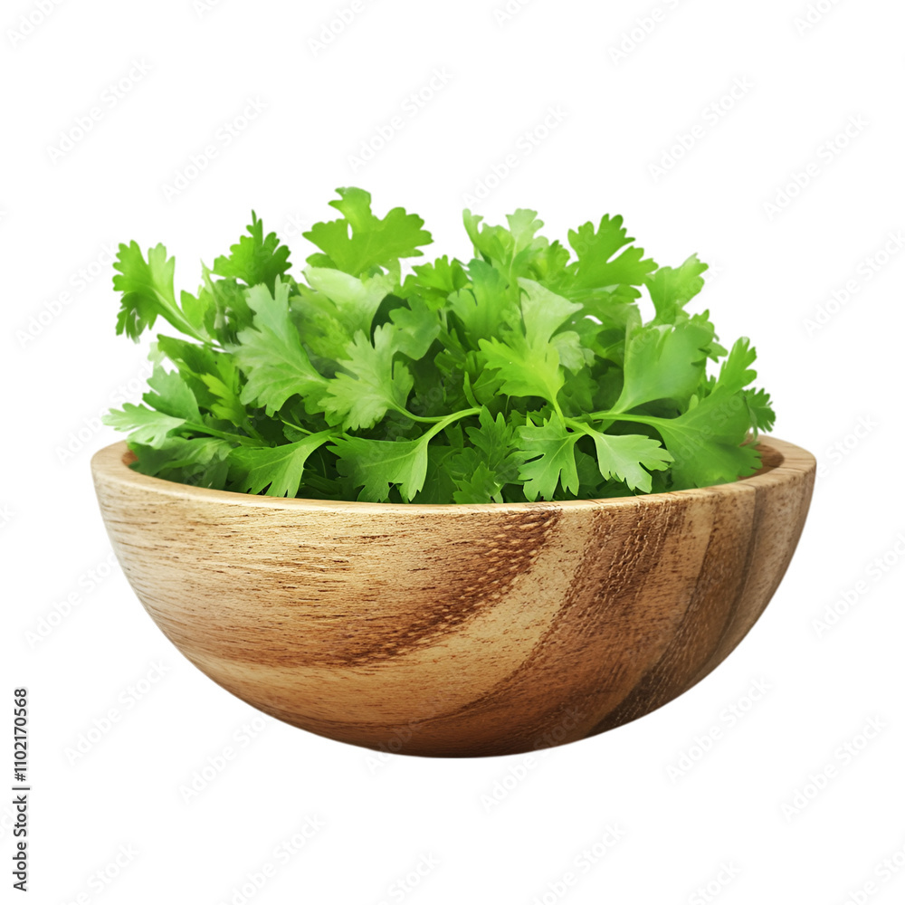 Cilantro leaves in a wooden bowl isolated on white background Cilantro leaves in a wooden bowl isolated on white background
