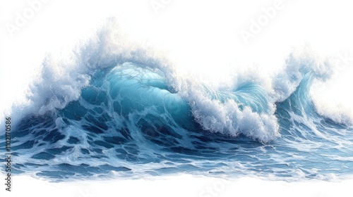 Majestic ocean wave crashing against the shore on a sunny day with vibrant blue hues