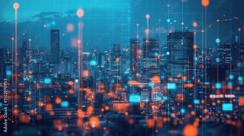 vibrant city skyline illuminated by digital data visualization vibrant city skyline illuminated by digital data visualization