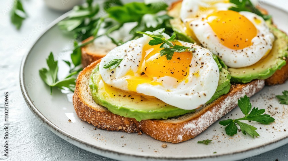Delicious breakfast with poached eggs on avocado toast garnished with fresh herbs, served on a round plate, ideal for a healthy lifestyle and food photography. Delicious breakfast with poached eggs on avocado toast garnished with fresh herbs, served on a round plate, ideal for a healthy lifestyle and food photography.