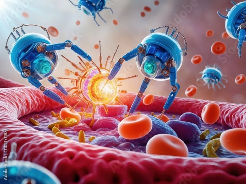 Nano robots healing the body at the cellular level by targeting and destroying bad cells, showcasing advanced medical technology and precision photo
