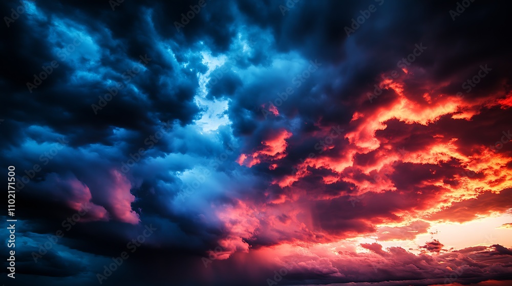 Fototapeta premium Fiery red and blue storm clouds during an epic sunset twilight : Generative AI
