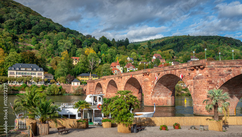 Alte Brücke Heidelberg mit Schiff auf dem Neckar