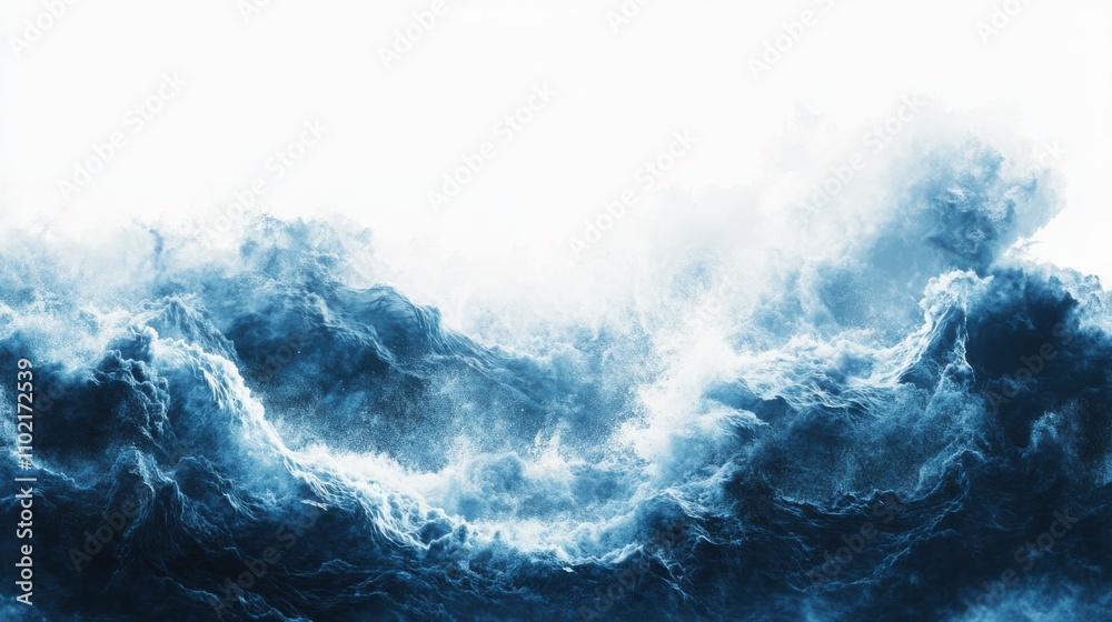 Dramatic ocean waves crashing against a cloudy sky at twilight with deep blue hues Dramatic ocean waves crashing against a cloudy sky at twilight with deep blue hues