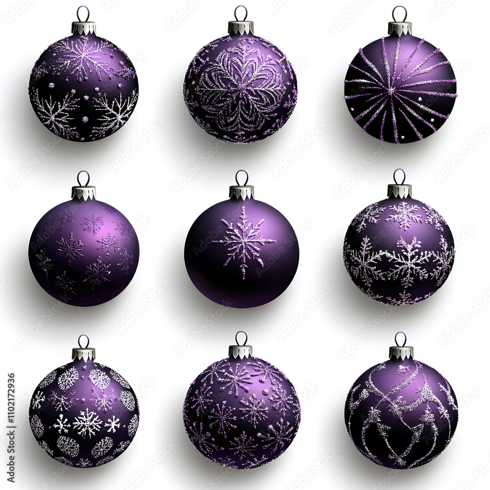 Obraz premium Festive purple Christmas balls with intricate snowflake designs