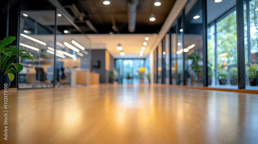 blurred empty open space office with wooden flooring and large windows, creating bright and airy atmosphere. greenery adds touch of nature to modern design blurred empty open space office with wooden flooring and large windows, creating bright and airy atmosphere. greenery adds touch of nature to modern design
