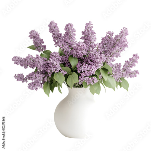 Lush bouquet of lilac in vase isolated on white background