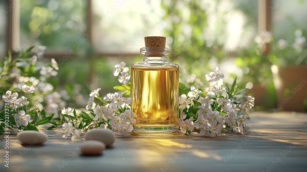 Luxury Facial Oil Bottle Surrounded by Delicate Flowers and Natural Stones in Serene Setting