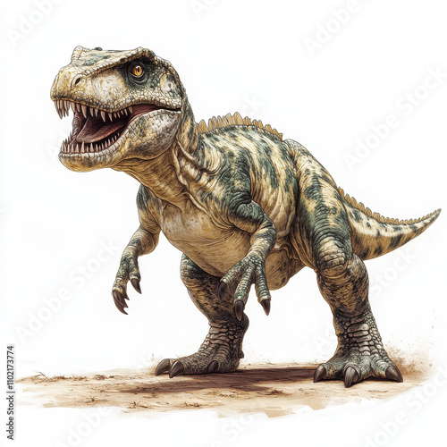 artistic representation of Ceratosaurus, showcasing its powerful stance and detailed features. This dinosaur stands out with its unique coloration and fierce expression, evoking sense of prehistoric photo