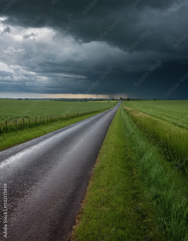 Endless rural road under dark, stormy clouds, cutting through green fields, symbolizing both tranquility and the power of nature Endless rural road under dark, stormy clouds, cutting through green fields, symbolizing both tranquility and the power of nature